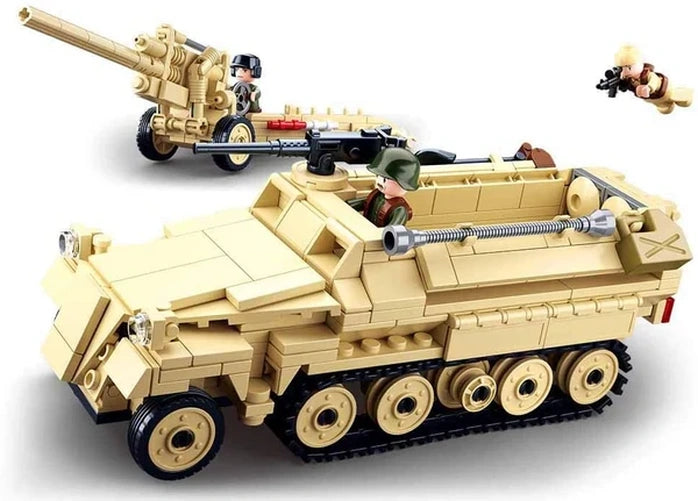Sluban WWII SD.KFZ 251 Half-Track and K18 105mm Cannon set showing the tan half-track with rear tracks, mounted gun, separate field cannon and three soldier figures