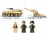 Sluban WWII SD.KFZ 251 Half-Track and K18 Cannon measurement graphic showing the 18.6 cm half-track, 18.8 cm field cannon and three included soldier figures