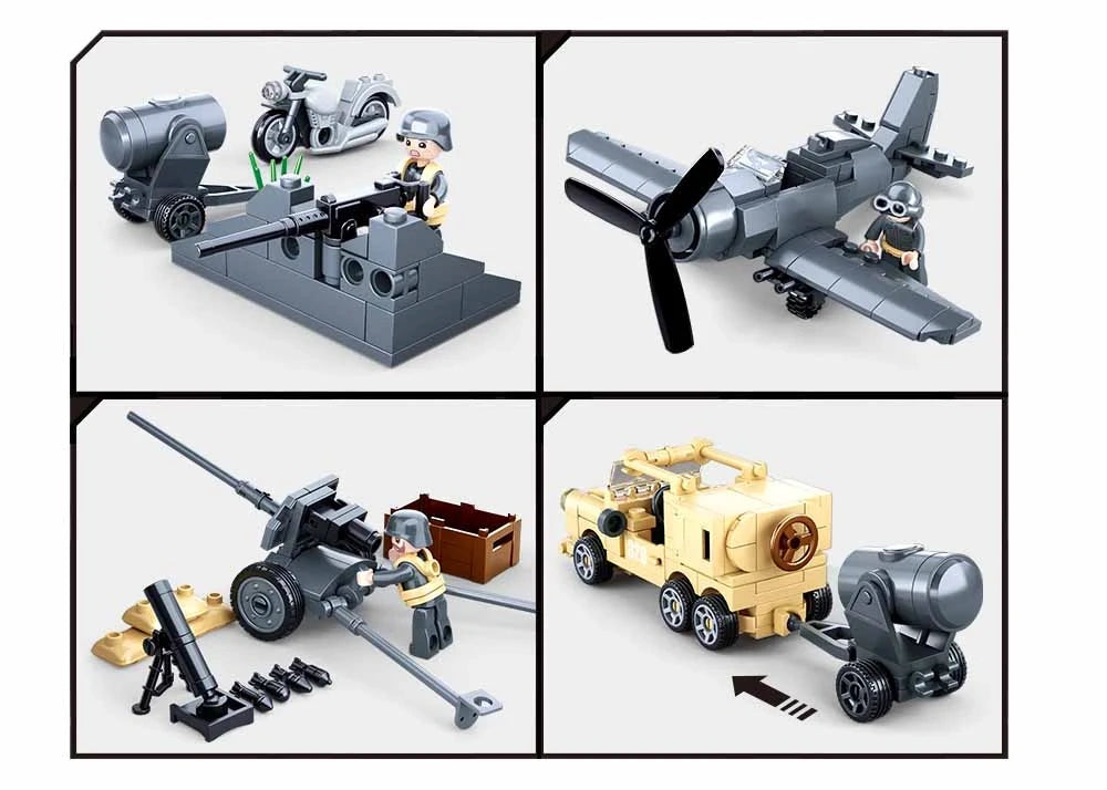 Sluban WWII Set feature graphic showing the motorcycle and weapon position, grey propeller aircraft, field cannon with accessories and tan vehicle towing a grey trailer