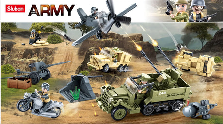 Sluban WWII Set battle scene showing a grey propeller aircraft, green half track with twin guns, tan military vehicles, motorcycle, field cannon, weapon positions and soldier figures