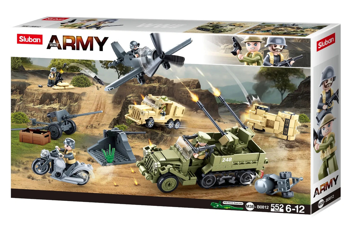 Sluban Army M38-B0812 box front showing the WWII aircraft, half track, motorcycle, tan military vehicles, cannon and soldier figures with 552 piece and 6 to 12 age markings