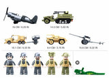 Sluban WWII Set size graphic showing the 16 cm aircraft, 14.3 cm half track, 16.1 cm vehicle with trailer, 9.4 cm vehicle, 15.8 cm field cannon and five included soldier figures
