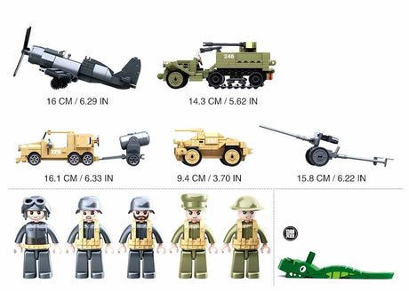 Sluban WWII Set size graphic showing the 16 cm aircraft, 14.3 cm half track, 16.1 cm vehicle with trailer, 9.4 cm vehicle, 15.8 cm field cannon and five included soldier figures