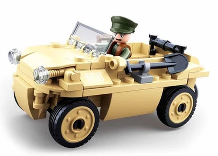 Sluban WWII VW 82 Amphibious Tub Car shown from the front with a soldier figure seated behind the windscreen, round headlights, four wheels and shovel mounted along the side