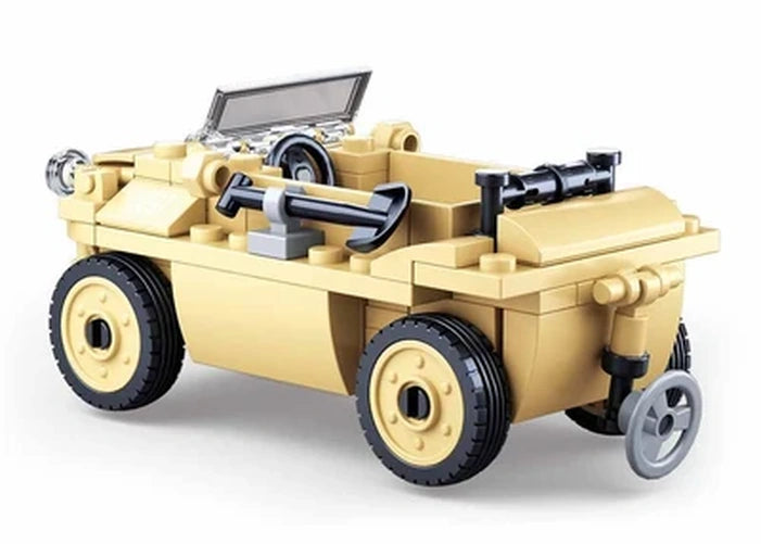 Rear three quarter view of the Sluban WWII VW 82 Amphibious Tub Car showing the open interior, side mounted shovel, four wheels and grey rear propeller lowered behind the vehicle