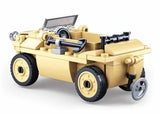 Rear three quarter view of the Sluban WWII VW 82 Amphibious Tub Car showing the open interior, side mounted shovel, four wheels and grey rear propeller lowered behind the vehicle