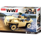 Sluban WWII M38-B0690 retail box showing the tan amphibious vehicle beside water with soldier figure, 103 piece count and 8+ age marking
