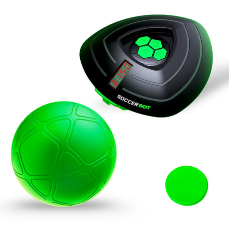 Smart Ball Soccer Bot set showing sensor bot, green ball and disc on white background in Ireland