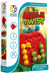 SmartGames Apple Twist box front with red apple board and yellow, green and blue caterpillar pieces
