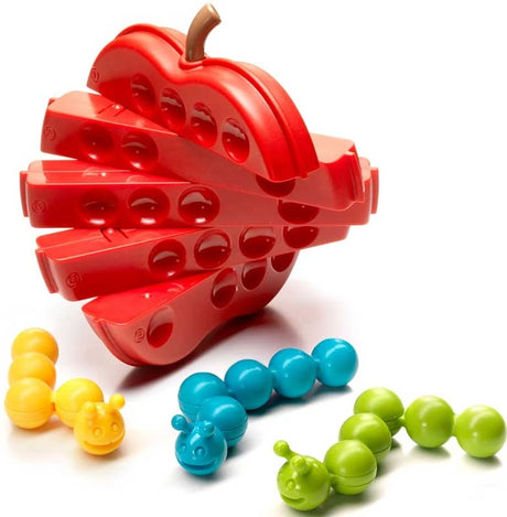 Upright red apple-shaped board with yellow, green and blue caterpillar pieces