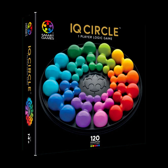 SmartGames IQ Circle box showing colourful ball-shaped puzzle pieces on a circular game board