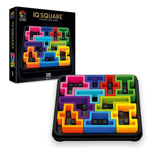 SmartGames IQ Square box beside a square puzzle board filled with colourful pieces