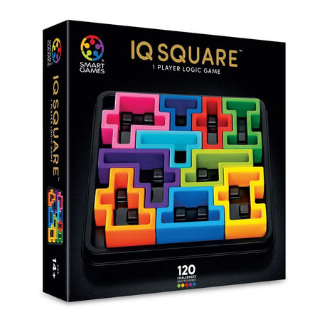 SmartGames IQ Square box front showing colourful puzzle pieces on a square game board