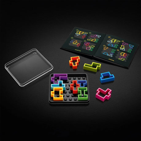 SmartGames IQ Square game board with loose puzzle pieces, clear lid and challenge booklet