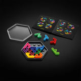 SmartGames IQ Hexagon game board with clear lid, loose colourful pieces and black challenge pages