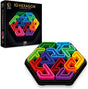 SmartGames IQ Hexagon box beside a hexagon board filled with colourful puzzle pieces