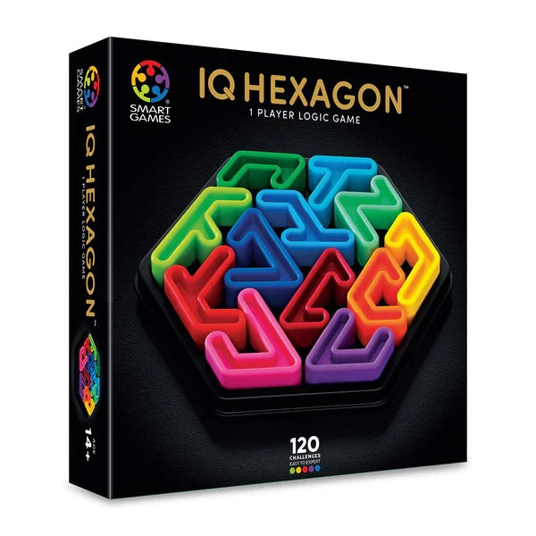 SmartGames IQ Hexagon box front with colourful puzzle pieces on a hexagon board