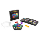 SmartGames IQ Pentagon box, pentagon board, clear lid, loose puzzle pieces and black booklet pages
