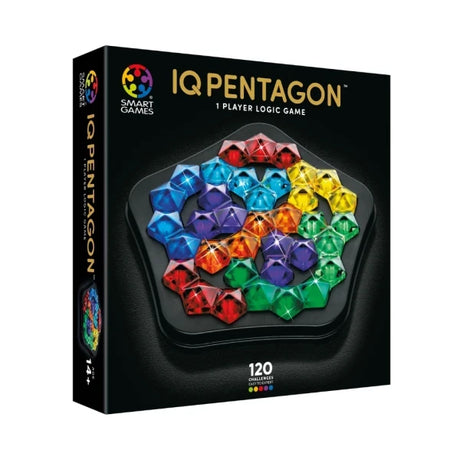 SmartGames IQ Pentagon box front with colourful translucent pieces on a pentagon board