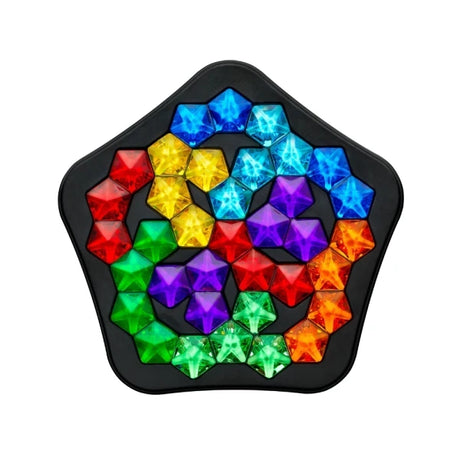 Pentagon shaped board filled with colourful translucent puzzle pieces