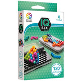 IQ Six Pro box front showing colourful pieces on a black puzzle board and a stacked pyramid of pieces