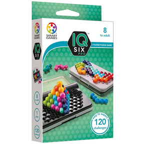 IQ Six Pro box front showing colourful pieces on a black puzzle board and a stacked pyramid of pieces