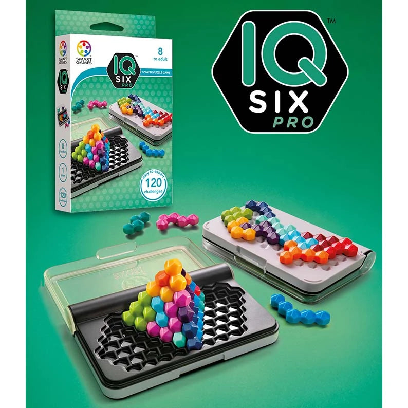 IQ Six Pro box, logo, open puzzle case with stacked colourful pieces and a second case with rows of colourful pieces