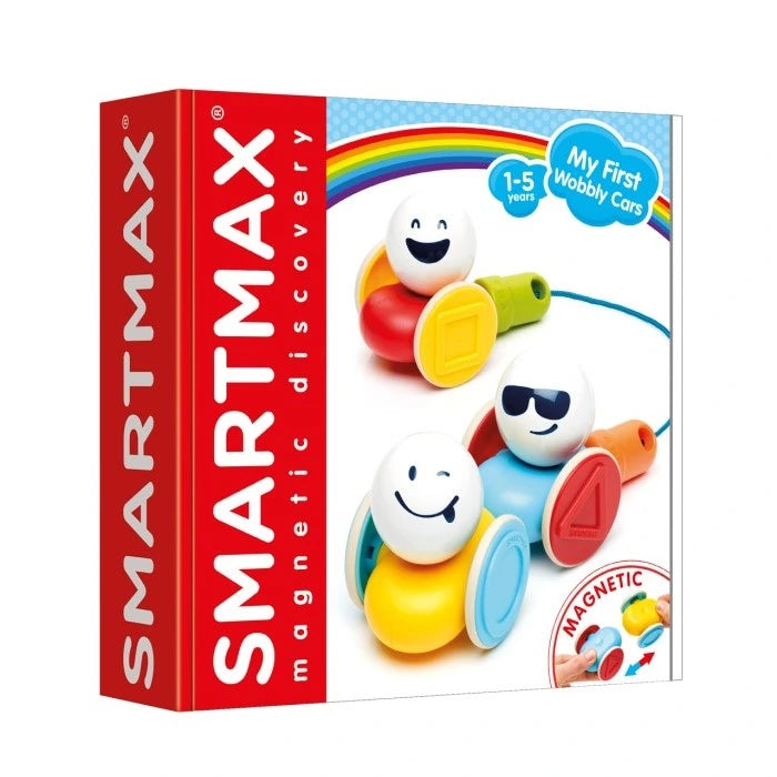 SmartMax My First Wobbly Cars box front showing three colourful cars and a blue pull rope