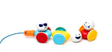 Three separate SmartMax My First Wobbly Cars pieces with red, blue and yellow wheels