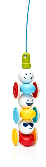 SmartMax My First Wobbly Cars pieces stacked vertically below a blue pull rope