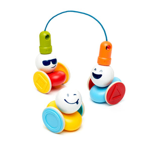Three SmartMax My First Wobbly Cars pieces arranged with a blue pull rope