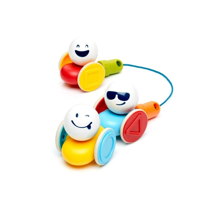 Three SmartMax My First Wobbly Cars pieces joined together with a blue pull rope