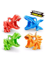 Four Smashers Dino Island dinosaur head figures in red, blue, green and orange with open mouths and Collect Them All text