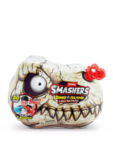 ZURU Smashers Dino Island Mini T-Rex Battles skull shaped packaging with cracked bone design and red dinosaur head looking out of nostril hole