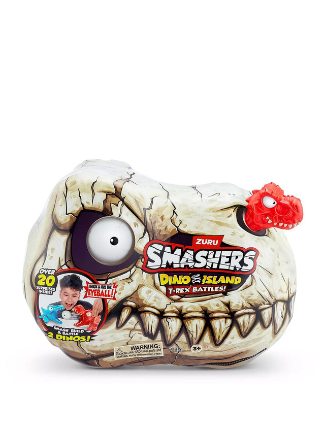 ZURU Smashers Dino Island Mini T-Rex Battles skull shaped packaging with cracked bone design and red dinosaur head looking out of nostril hole