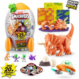 Smashers Dino VS Aliens Rocket Series 1 product collage showing grey smash egg rocket with orange fins and Smashers Dinos vs Aliens label, orange triceratops figure, cards, small dinosaur and alien figures, stickers, two mini eggs with rock base, and orange UFO with green dome and grey accessories, with “Smash Build & Battle” and “Over 20+ surprises inside” graphics