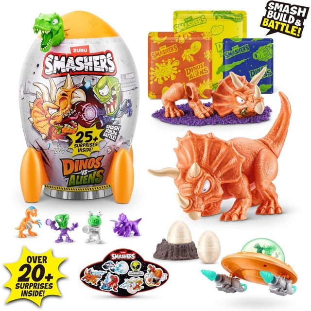 Smashers Dino VS Aliens Rocket Series 1 product collage showing grey smash egg rocket with orange fins and Smashers Dinos vs Aliens label, orange triceratops figure, cards, small dinosaur and alien figures, stickers, two mini eggs with rock base, and orange UFO with green dome and grey accessories, with “Smash Build & Battle” and “Over 20+ surprises inside” graphics