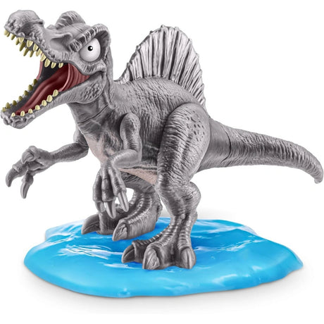 Grey Spinosaurus dinosaur figure with sail back detail standing on translucent blue slime base