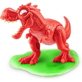 Red T-Rex dinosaur figure with open mouth and visible teeth standing on translucent green slime base