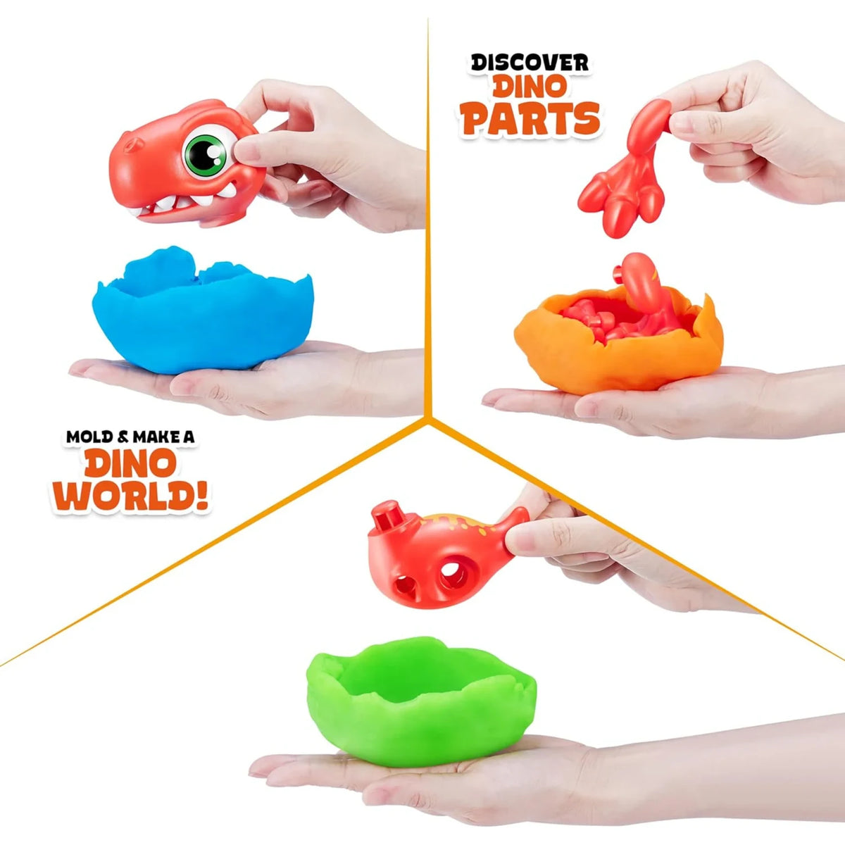 ZURU Smashers Junior Dino Dig activity graphic showing the steps to discover dinosaur parts and mould Dino Dough into a dinosaur world.