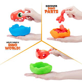 ZURU Smashers Junior Dino Dig activity graphic showing the steps to discover dinosaur parts and mould Dino Dough into a dinosaur world.
