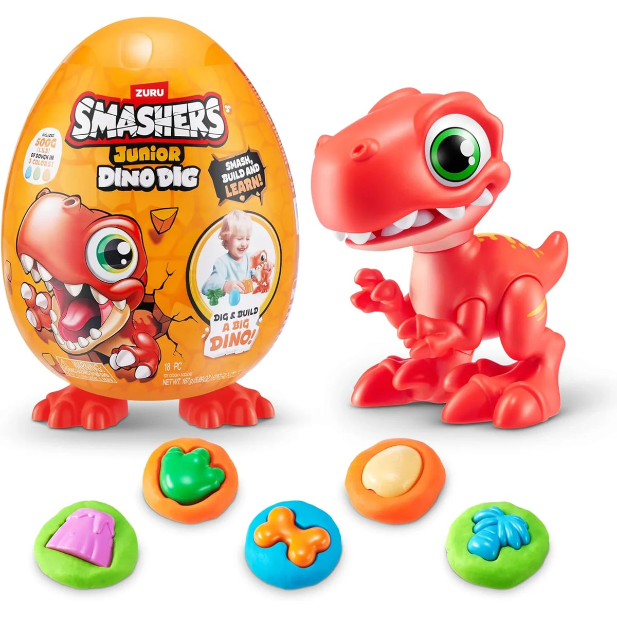 ZURU Smashers Junior Dino Dig Large Egg packaging featuring the Dino Dig branding, orange dinosaur egg and colourful dinosaur illustrations.