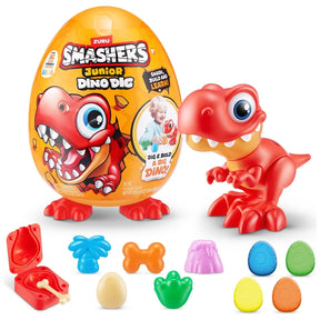 ZURU Smashers Junior Dino Dig Large Egg product artwork featuring the Dino Dig logo, orange egg and dinosaur themed surprises.