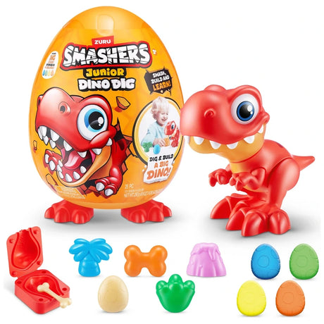 ZURU Smashers Junior Dino Dig Large Egg product artwork featuring the Dino Dig logo, orange egg and dinosaur themed surprises.