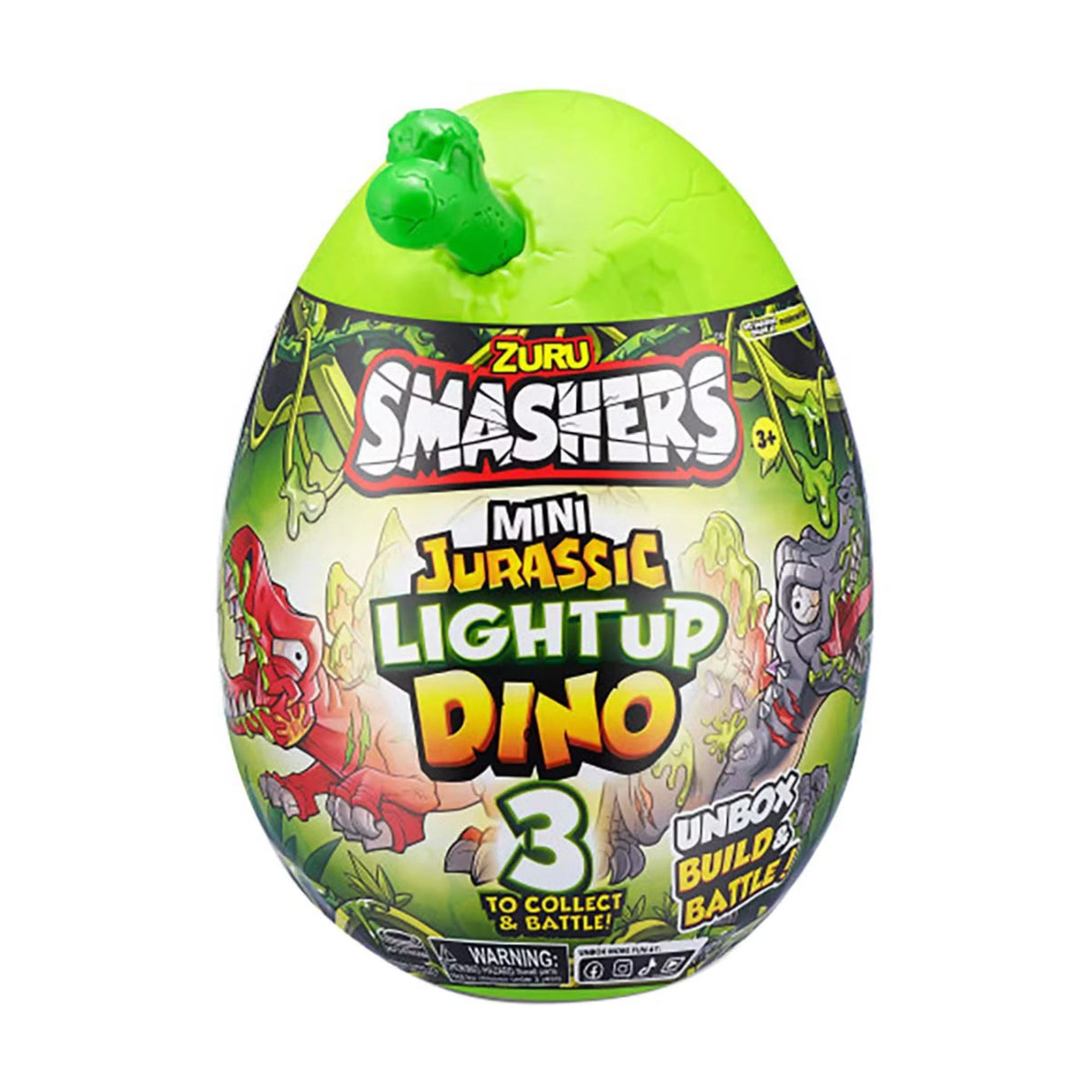 Green Smashers Mini Jurassic Light Up Dino mystery egg packaging with logo and artwork showing dinosaurs, on plain white background