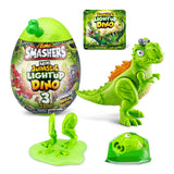 Green plastic T-Rex dinosaur figure next to disassembled green parts and Mystery Egg packaging panel, on plain white background