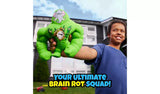 Child holding the bright green elephant faced Smashers Brain Rot figure outdoors