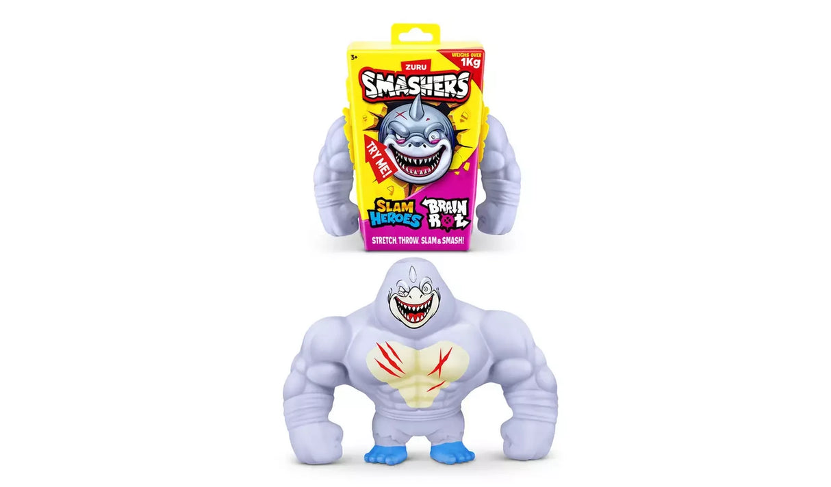 Grey Smashers SLAM Heroes Brain Rot figure with shark face, red chest scratches and blue feet below the retail pack