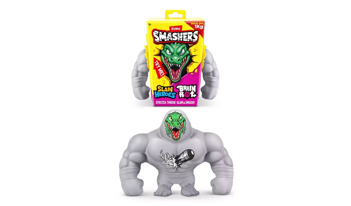 Grey muscular Brain Rot figure with green reptile face and rocket graphic on its chest below the retail pack