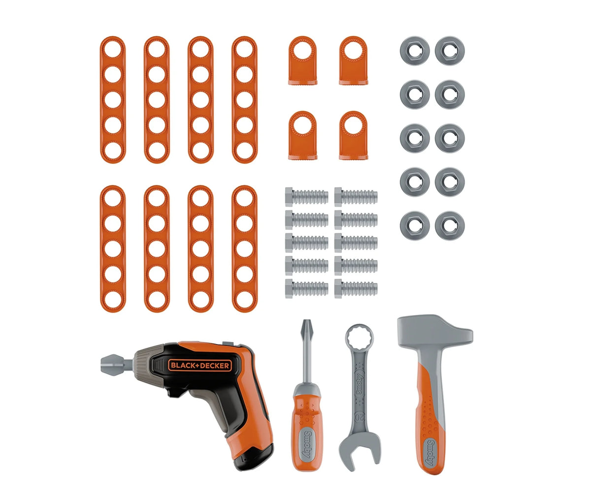 Smoby Black+Decker Bricolo Case retail box showing tools and 36 accessories